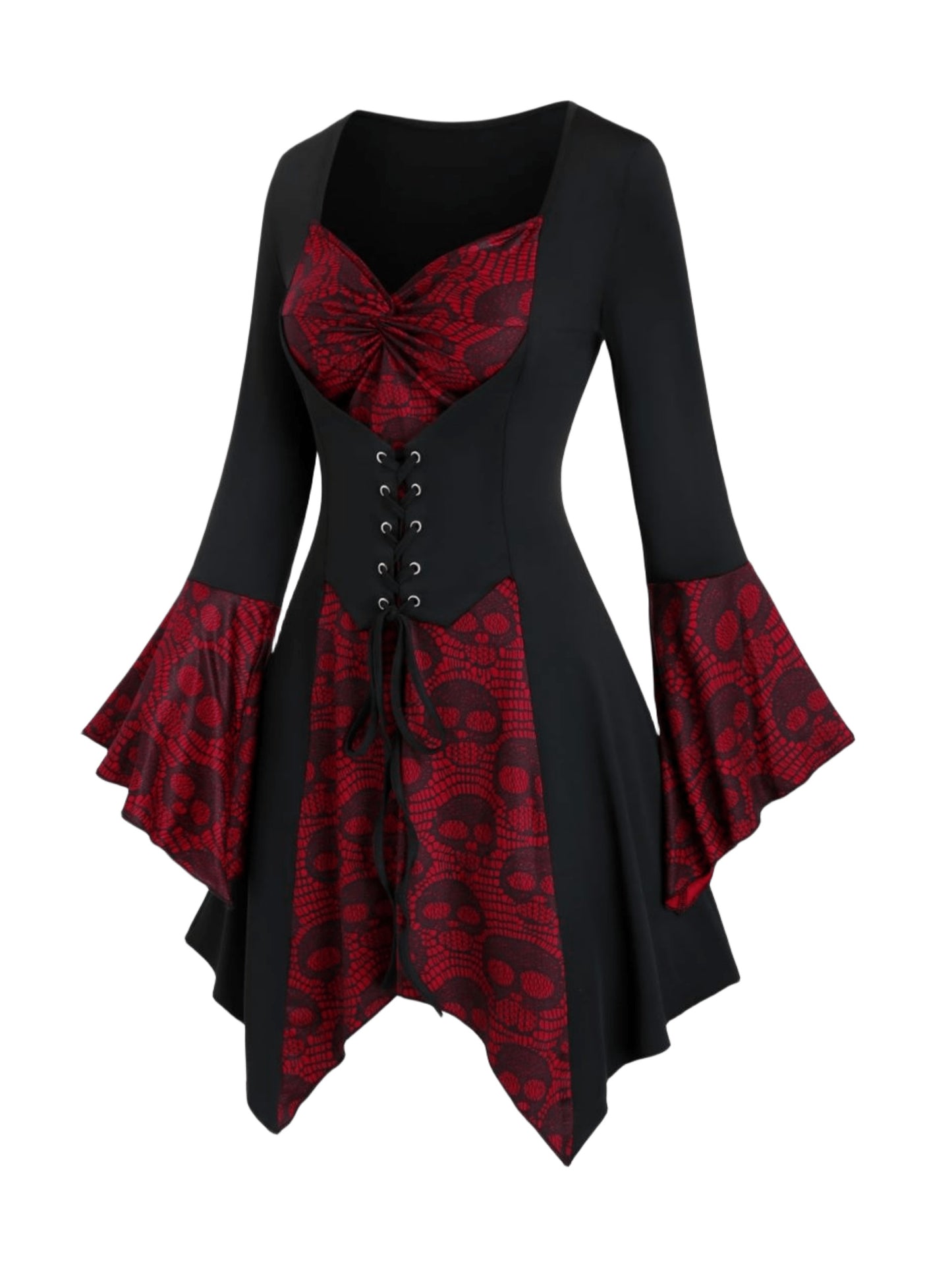 Gothic Style Plus Size Women's Top with Skull Print, Tie Waist Bell Sleeves, Casual Knit Fabric Pullover with Cross Straps, Halloween Pattern, Spring/Fall Collection