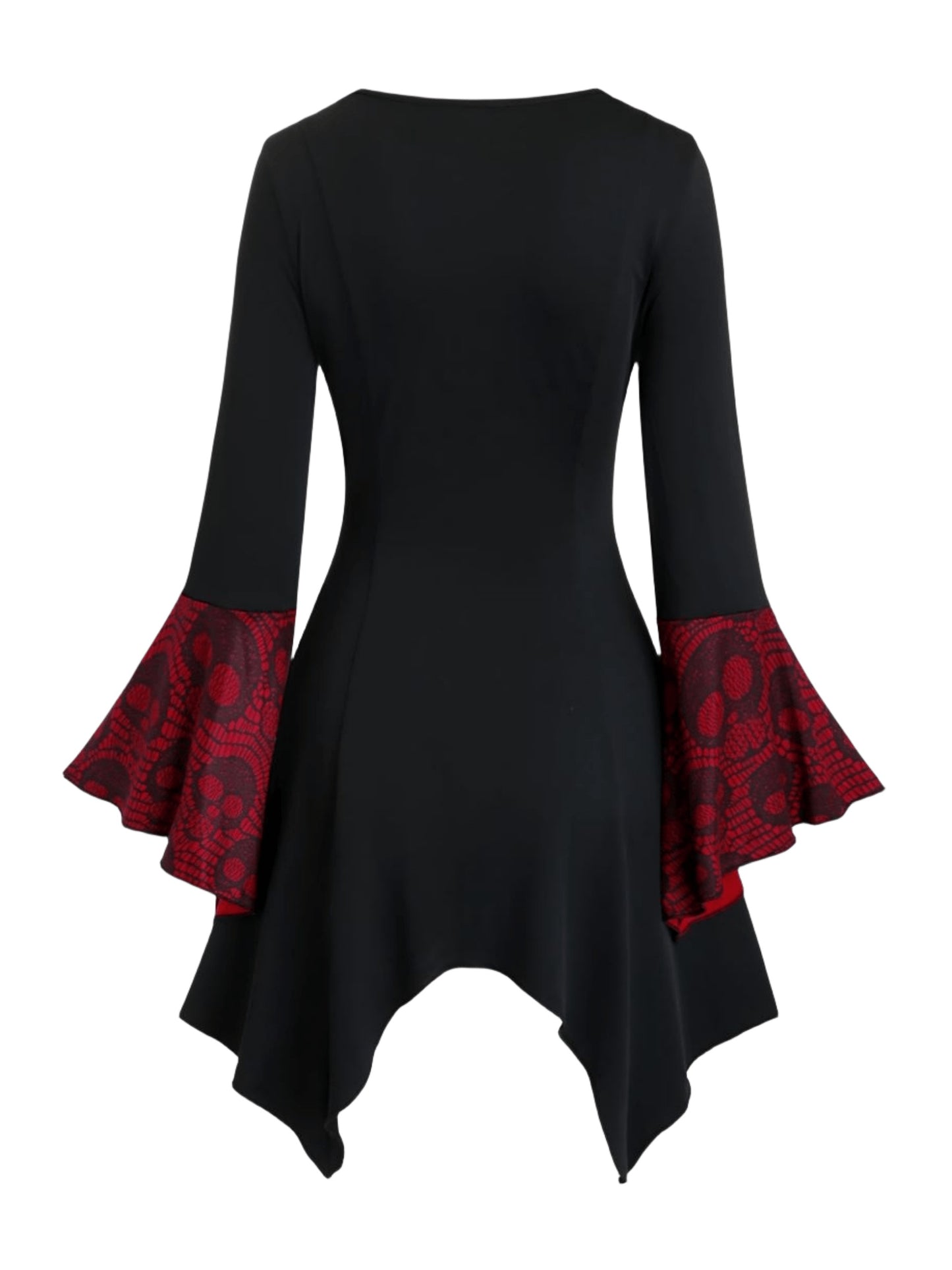 Gothic Style Plus Size Women's Top with Skull Print, Tie Waist Bell Sleeves, Casual Knit Fabric Pullover with Cross Straps, Halloween Pattern, Spring/Fall Collection