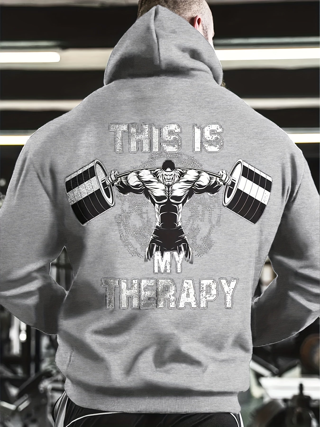 Men's Athletic Hoodie with "This Is My therapy Muscle Graphic - Black, Long Sleeve, Kangaroo Pocket, Stretch Polyester Fabric, Casual Fitness & Outdoor Wear