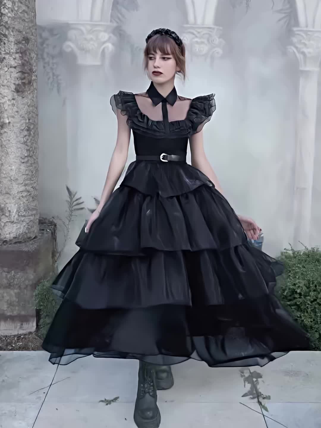 Gothic Cosplay Mesh Dress, Shirt Collar Tiered Goth Dress For Party, Women's Clothing
