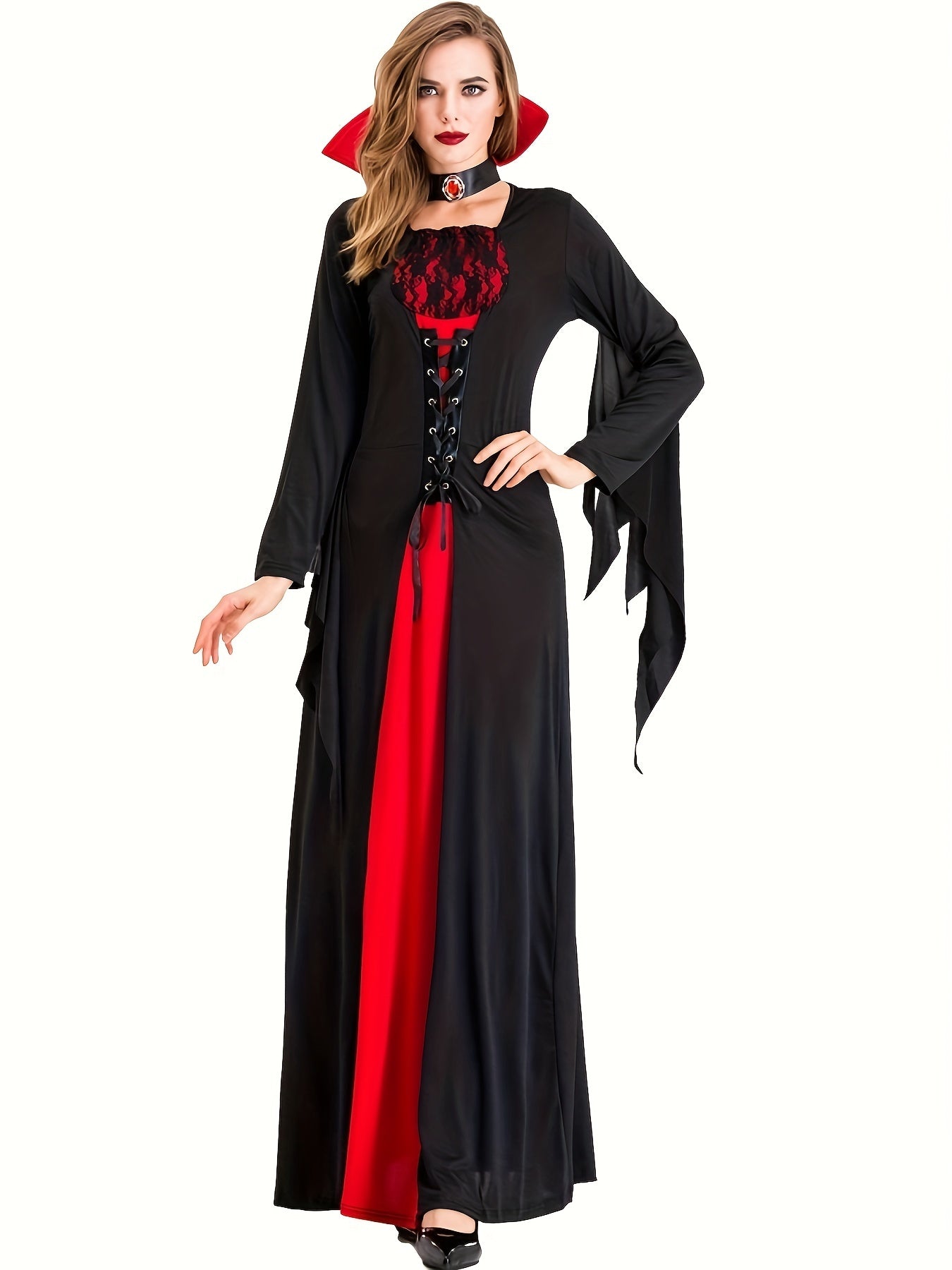 False Lace Dress with Laces for Halloween, Long Sleeve Dress for Vampire Cosplay, Women's Clothing, Carnival