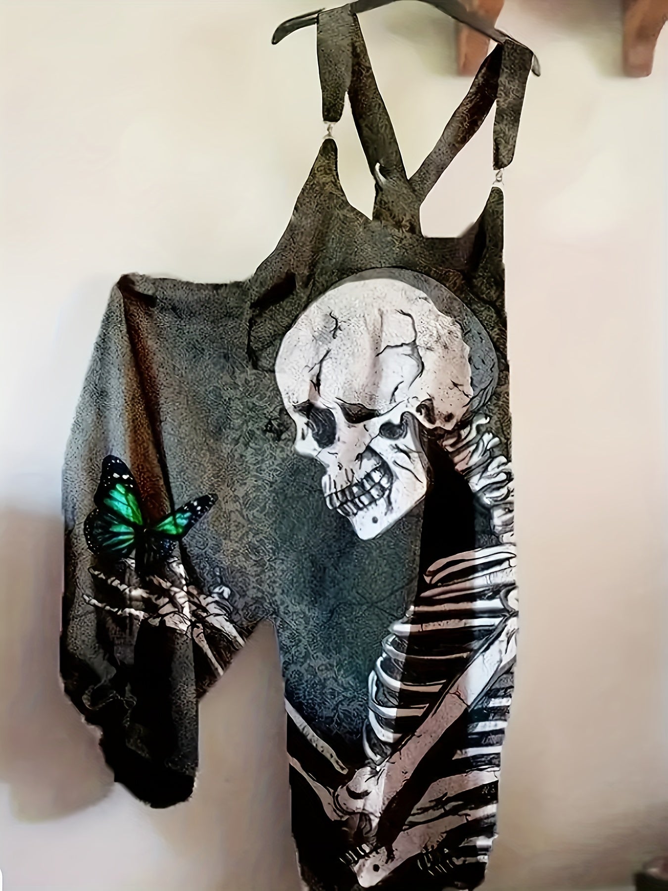 Plus Size - Women'S Gothic Skull & Butterfly Print Jumpsuit - Stretchy Black Romper with Lace-Up Detail, Sleeveless Design for Spring/Summer/Fall, Halloween-Themed Fashion, Halloween Costume | Gothic Fashion | Stretchy Fabric