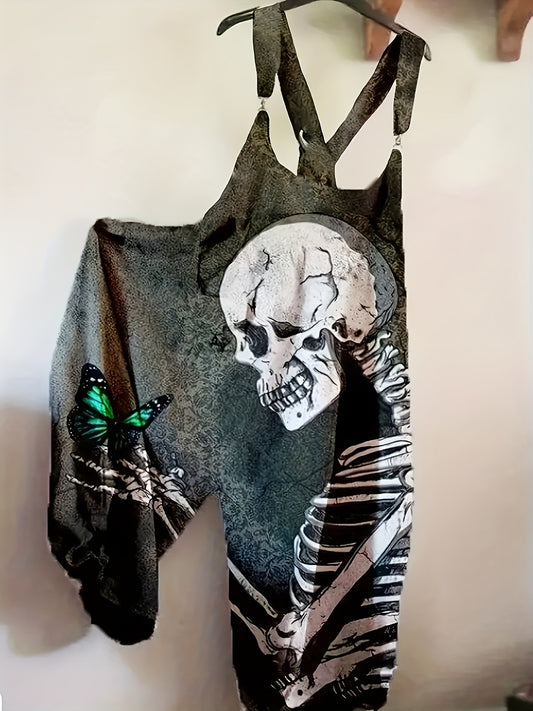 Plus Size - Women'S Gothic Skull & Butterfly Print Jumpsuit - Stretchy Black Romper with Lace-Up Detail, Sleeveless Design for Spring/Summer/Fall, Halloween-Themed Fashion, Halloween Costume | Gothic Fashion | Stretchy Fabric