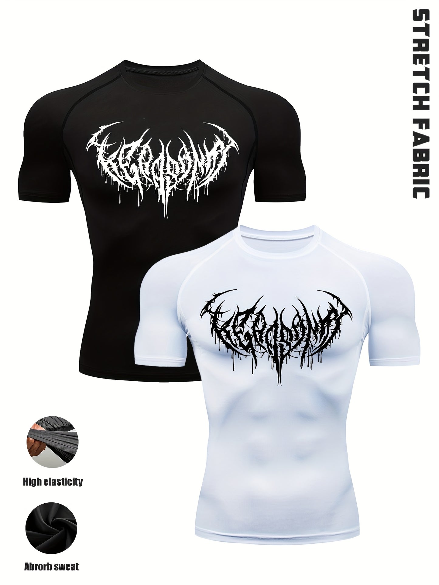 2pcs Men's Gothic Brotherhood Gym T-Shirts - Glow-in-Dark Wing Print & 3D Muscle Support, Anti-Slip Seams, Stretchy Polyester Blend Slim Fit for High-Intensity Training, Black & White Performance Apparel, Gym Shirts, Athletic