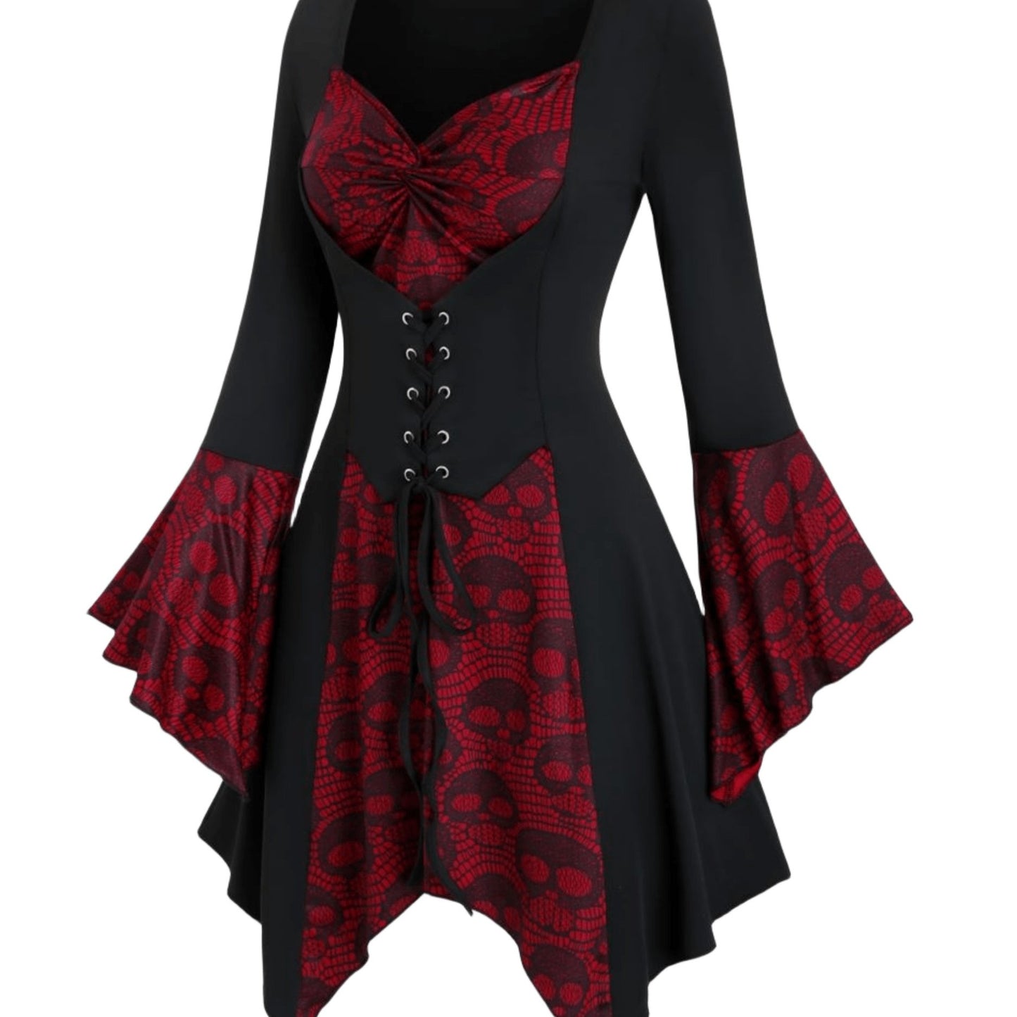 Gothic Style Plus Size Women's Top with Skull Print, Tie Waist Bell Sleeves, Casual Knit Fabric Pullover with Cross Straps, Halloween Pattern, Spring/Fall Collection