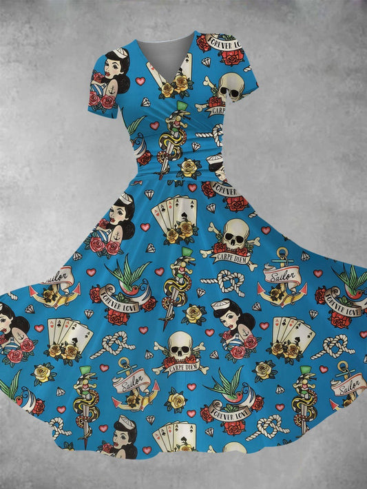 Plus Size - Women'S Halloween Party dress - Gothic costume with Playing Cards, V-Neck flared skirt, Lightweight for Halloween, Themed Events, Everyday Outfits - Plus Size Friendly Casual to Formal Attire, Halloween Clothes, E