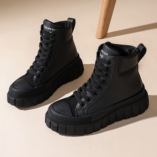 Four Seasons Outdoor Women'S Comfortable Thick Sole Heightening Casual Shoes Daily Laced Black Simple High Top Sports Women'S Shoes