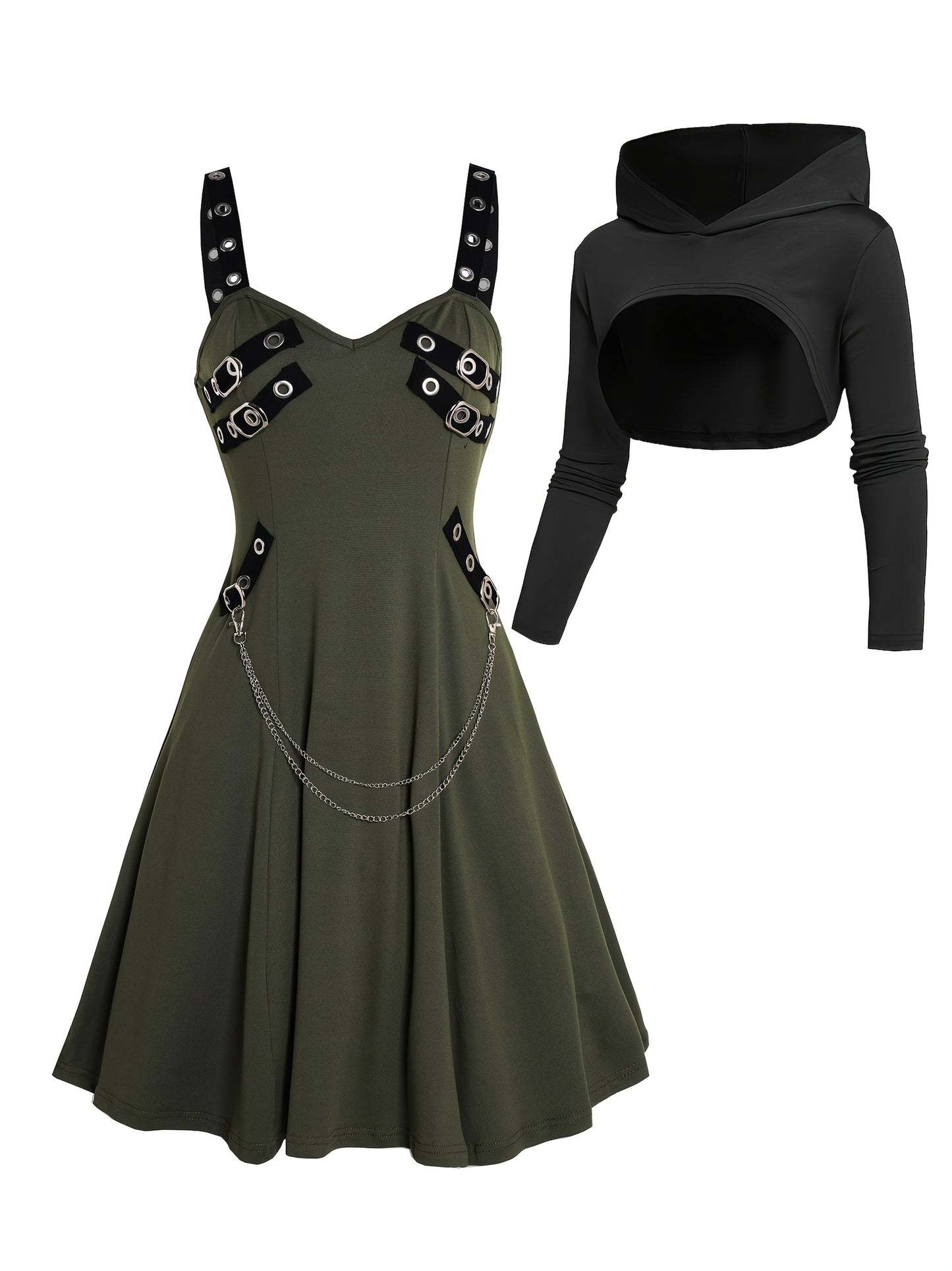 Rock Gothic Metal Piece Decorated V-Neck Vest Dress with Hooded Long Sleeve Top Two-Piece Set, Unique Gothic Style Detachable Chain Vest Skirt and Curved Hem Caped Long Sleeve Shirt, Versatile Separates Women's Outfit for Par